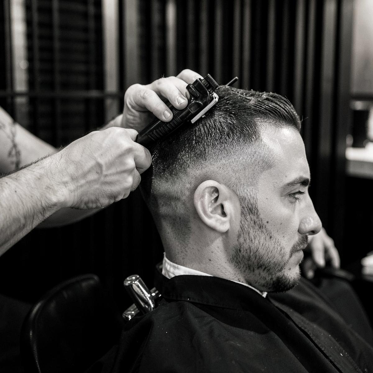 Men's haircut with a fade at Refined Male Grooming barbers in Leigh